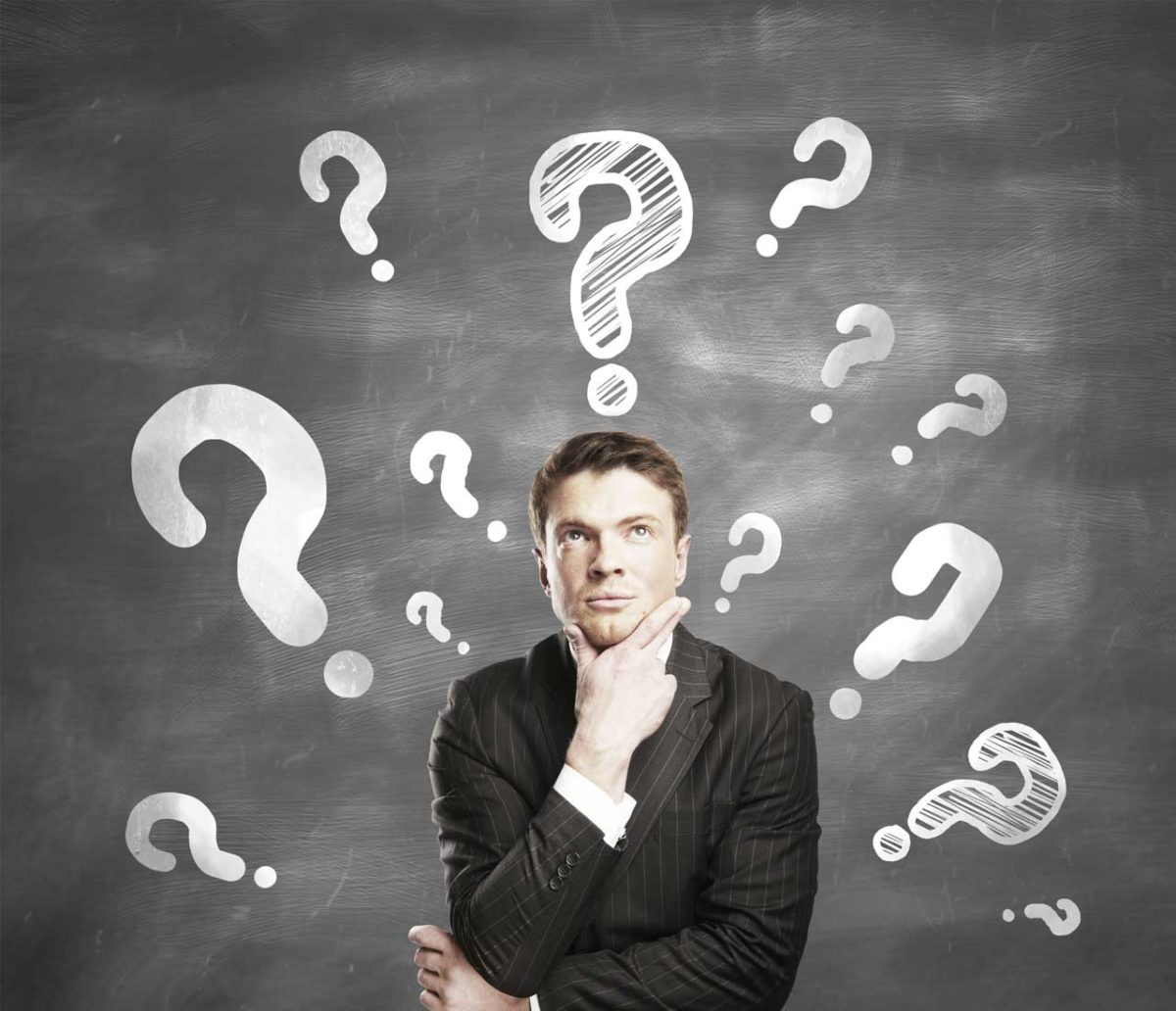 man with question marks overhead -leadership - where are we going and why?”